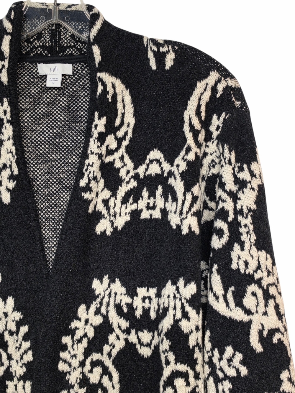 J.Jill Black Cream Paisley Jacquard Longline Open Front Cardigan Sweater M - Picture 3 of 14